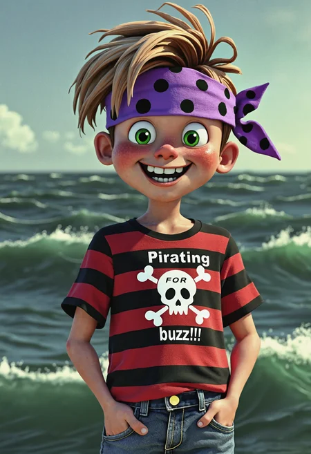(masterpiece, best quality, high-res, 4k textures, ultra detailed:1.25),
A screenshot from old animated soviet film scene of a cheerful boy with light brown hair and green eyes. He wears a red and black striped t-shirt with a white skull "Pirating for buzzzz!!!" crossbones design and purple bandana with black polka dots. The background is dark green sea waves. His hands are in his jeans pockets, and he has a wide, toothy grin. The image is highly detailed, with a slightly cartoonish, yet realistic style.