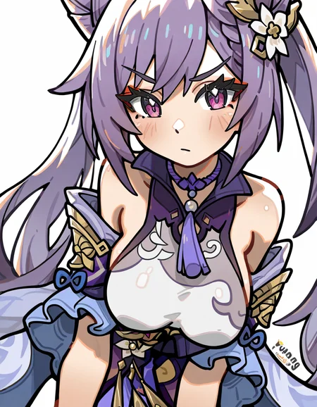 <lora:ruangang-000018:1>,ruangang,breasts,looking at viewer,1girl,solo,simple background,white background,keqing \(genshin impact\),, masterpiece, best quality, very aesthetic, absurdres,newest, incredibly absurdres,