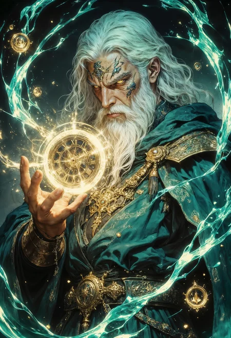 an elderly wizard with long white hair and a flowing beard, casting a spell. His skin is pale, and he has intricate tattoos on his forehead. He wears a teal robe with detailed patterns and a leather belt adorned with various pouches. The wizard's eyes are focused on a glowing, circular magical clock in his hand, which emits a warm, golden light. Surrounding him are swirling, ethereal blue-green energy trails with mystical symbols floating within them. The background is a dark, swirling mist, enhancing the magical and mysterious atmosphere of the scene. hkchrono