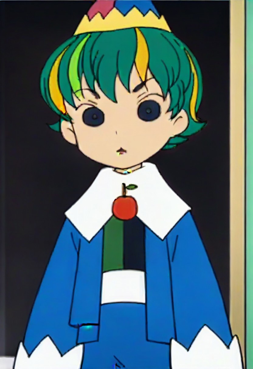 hat, green hair, multicolored hair, long sleeves, short hair, cherry, fruit, 1girl, blonde hair, black eyes,,,,,,,,,,, ,,,,,anime coloring,anime screencap, 1girl,Solo ,, anime,,,,official art, Uncensored ,Unedited ,,,,, ,,,,,,