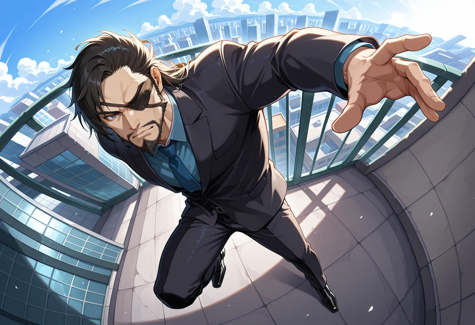 1boy, XiahouDun, black hair, half swept back hair, black eyes, full beard with goatee, mature muscle male, eyepatch on left eye, business suit,
exagg3rat3dp0s3, exaggerated pose, dynamic pose, action shot, full body,
detailed background, detailed eyes, great lighting, day time, modern city background, rooftop, high angle, fisheye
masterpiece, best quality, amazing quality,
<lora:Exaggerated_Dynamic_Fashion_Pose-000010:0.5>, <lora:XiahouDun_-_Dynasty_Warriors:0.8> , <lora:NAI_QualityV1.1:0.2>