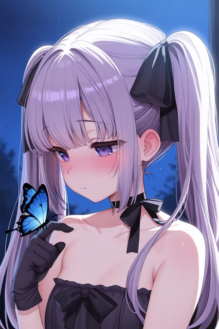 masterpiece, best quality, amazing quality,
<lora:Hayama_IL:1> hayamasalt, 1girl, solo, butterfly, twintails, purple eyes, long hair, bug, gloves, bangs, butterfly on hand, collarbone, bow, blush, choker, upper body, black bow, night