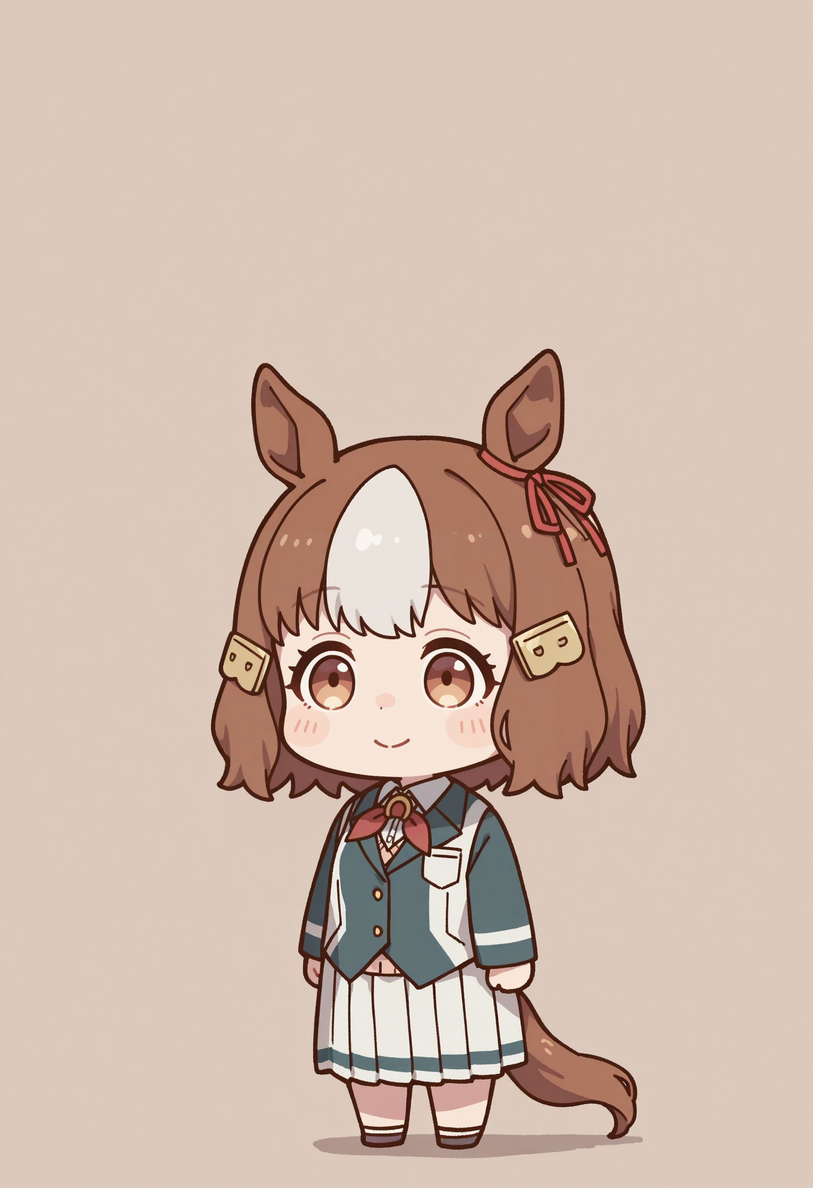 hatching (texture), oekaki, muted colors, pale colors, hdr, best quality, masterpiece, 1girl, , smile, chibi only, simple background, standing, mob face, solid oval eyes
 <lora:Berno illu:1> 1girl, brown hair, white hair, multicolored hair, short hair, animal ears, horse girl, horse tail brown eyes, hair ornament, white shirt, collared shirt, long sleeves, jacket, vest, white skirt, pleated skirt,