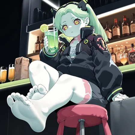 1girl, Rebecca, artificial eye, barefoot, from below, drinking glass, barefoot, green hair, soles, foot focus, tattoo, pants, sitting, stool, solo, twintails, white skins, mechanical eye, black jacket, colored skin