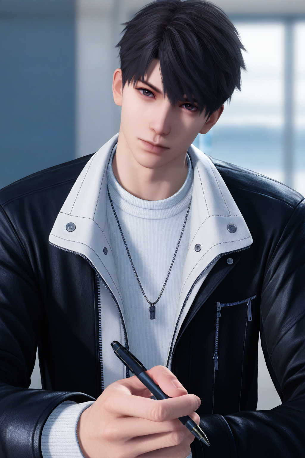 <lora:caleb-NAI:0.7>,caleb, 1boy, male focus, solo, short hair, looking at viewer, jewelry, closed mouth, necklace, upper body, jacket, blurry, holding, blurry background, black jacket, head tilt, pen, leather jacket, white sweater, zipper, black hair, yaoi,bara,male focus,very awa,masterpiece,best quality,amazing quality,nsfw,uncersored,highres,best quality,amazing quality,best aesthetic,absurdres,