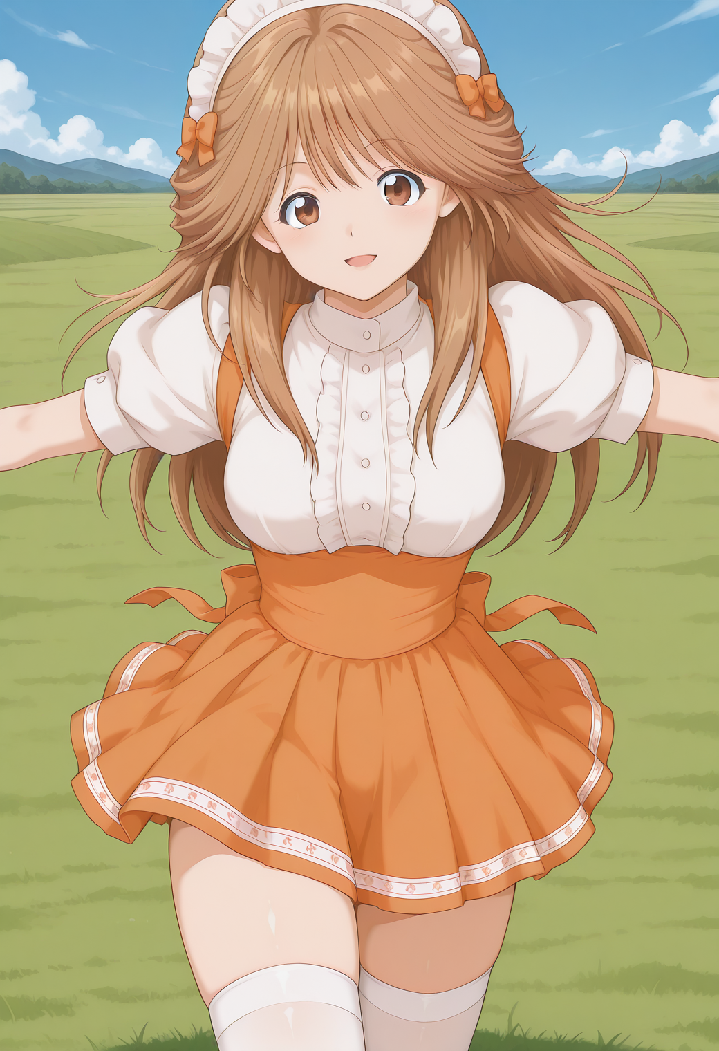 kawai_iyona, brown eyes, brown hair, long hair, headdress, waitress, white shirt, orange skirt, thighhighs, zettai ryouiki, <lora:kawai_iyona_illustrious_ver2:0.8>
smile, open mouth,, masterpiece, best quality, sensitive,, 1girl, solo, blue sky, (grasslands:1.2), looking at viewer,, (dynamic pose:1.4),