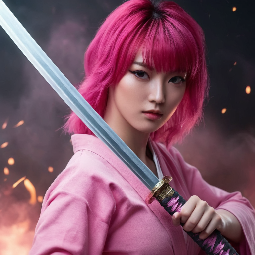 UHD, 4k, ultra detailed, cinematic, a photograph of  <lora:female samurai style v2:1>
full shot, an epic cinematic photo of a pink hair woman holding a Katana sword in her perfect hand, while staring at camera, in a pink outfit and white katana grey rob, with smoke flame ashes background, female samurai style, epic, beautiful lighting, inpsiring
