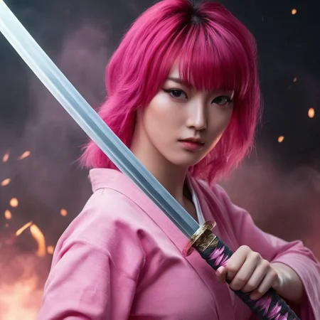 UHD, 4k, ultra detailed, cinematic, a photograph of  <lora:female samurai style v2:1>
full shot, an epic cinematic photo of a pink hair woman holding a Katana sword in her perfect hand, while staring at camera, in a pink outfit and white katana grey rob, with smoke flame ashes background, female samurai style, epic, beautiful lighting, inpsiring