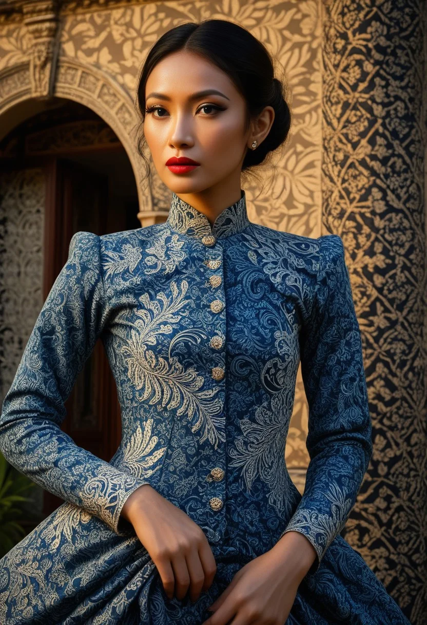 Indonesian_Batik_Morph, ryouko, female, solo, masterpiece, best quality, highly detailed, sharp focus, dynamic lighting, evening with golden hour lighting, professional grade, Photo realistic, Natural atmospheric lighting, intricate details, 35mm photograph, film, professional, 32k visuals, highly detailed, elegant, (scenery:2), (outdoor:2), golden hour, sunset, close up, ultra detailed, 32k, UHD, colorful, high quality, sharp focus, glamorous, (Victorian dress:1.9), European woman, 1girl, wrinkles, (anatomically correct:2.2), (fully dressed:2), (Indonesian_Batik_Morph mansion:2.6), dynamic position, She has blue eyes. face and upper body of an arrogant lady, exotic, stunningly beautiful 25 year old woman , high cheekbones, wearing red lipstick, natural eyes, black eyeliner and false eyelashes. She has thick lips and is gorgeous,