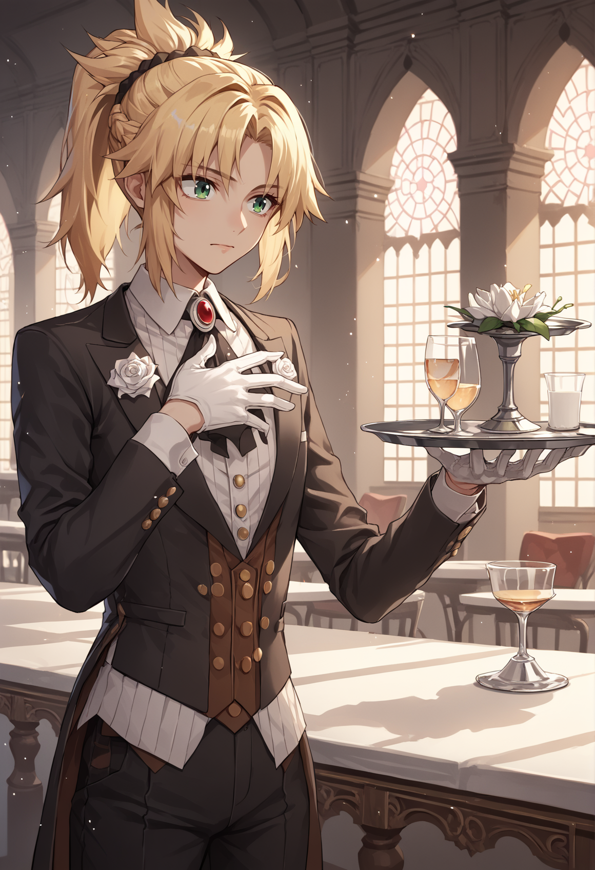 1girl, blonde hair, medium hair, green eyes, braid, ponytail, scrunchie, black jacket, black pants, brooch, flower, white gloves, butler, indoors, mansion, holding tray, hand on own chest <lora:Mo-san:1>, score_9, score_8_up, score_7_up, score_6_up, score_5_up, score_4_up, BREAK source_anime, masterpiece