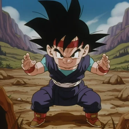 masterpiece, best quality, amazing quality, official artstyle, g0kujr, male, human, young, solo, black hair, spiked hair, black eyes, short, red headband, blue dougi, blue shirt, white sash, red wristbands, red shoes, fight stance, determined smirk, outdoors, mountains, dirt