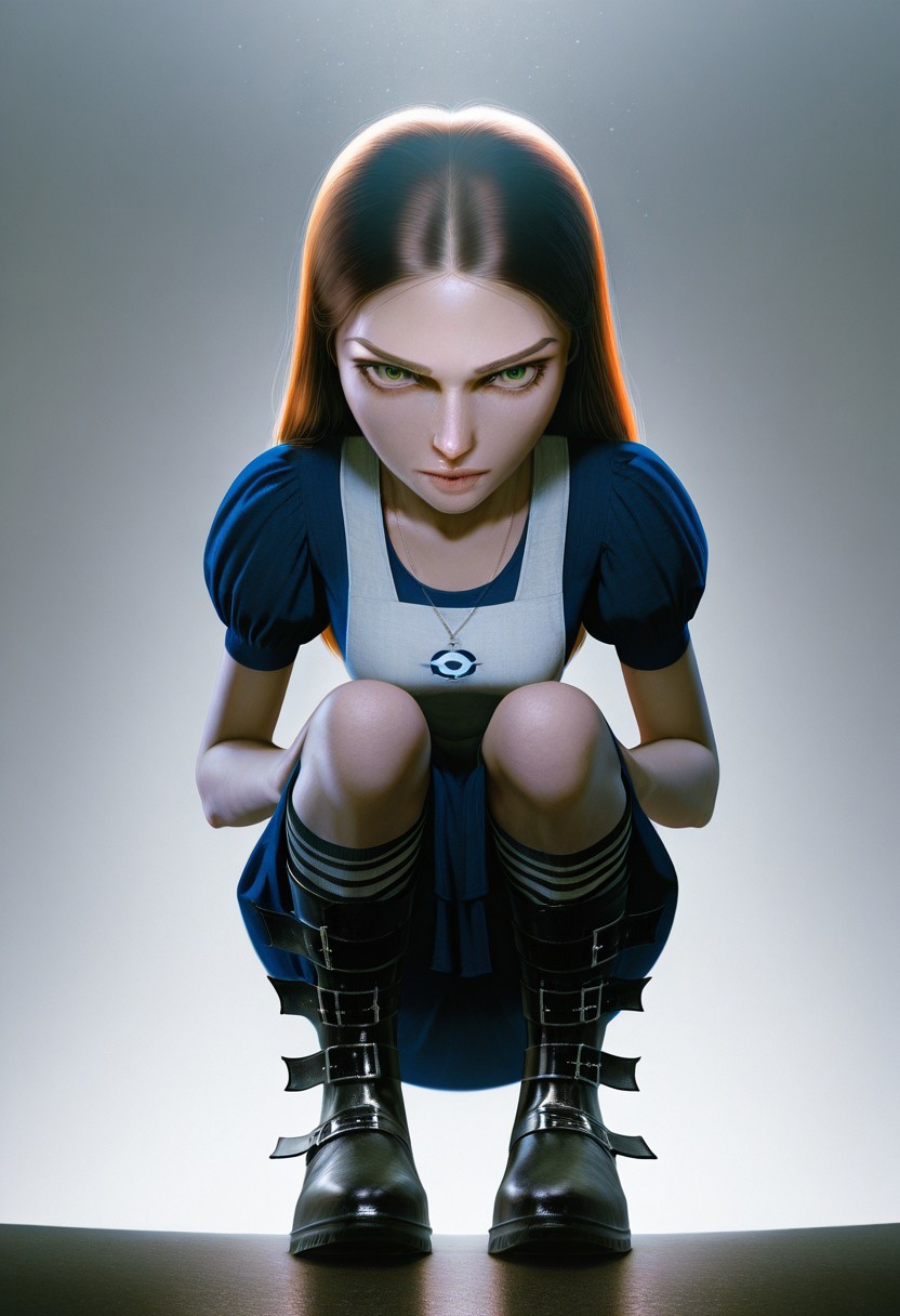 best quality, ultra detailed, high resolution, incredibly absurdres, extremely aesthetic, high resolution, realistic, masterpiece, Al1ceL1ddell, 1girl, solo, small breasts, petite, dress, apron, long hair, brown hair, green eyes, striped socks, belt boots, crouching down, staring at viewer, simple white background, low angle, realistic sunlight and shadows, light particles, dramatic shadows, chiaroscuro, cinematic lighting, volumetric lighting, global illumination, subsurface scattering and reflections, refraction,