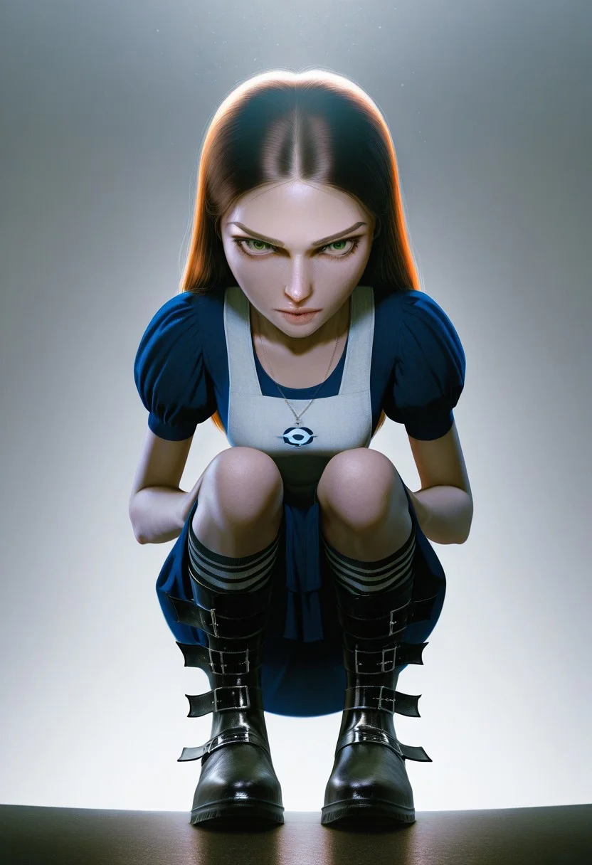 best quality, ultra detailed, high resolution, incredibly absurdres, extremely aesthetic, high resolution, realistic, masterpiece, Al1ceL1ddell, 1girl, solo, small breasts, petite, dress, apron, long hair, brown hair, green eyes, striped socks, belt boots, crouching down, staring at viewer, simple white background, low angle, realistic sunlight and shadows, light particles, dramatic shadows, chiaroscuro, cinematic lighting, volumetric lighting, global illumination, subsurface scattering and reflections, refraction,