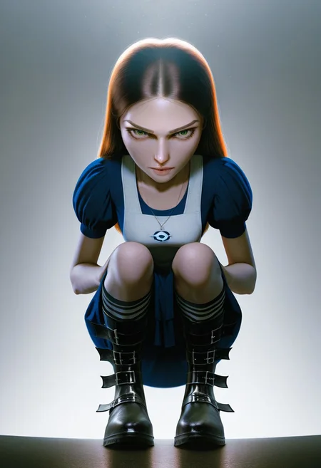 best quality, ultra detailed, high resolution, incredibly absurdres, extremely aesthetic, high resolution, realistic, masterpiece, Al1ceL1ddell, 1girl, solo, small breasts, petite, dress, apron, long hair, brown hair, green eyes, striped socks, belt boots, crouching down, staring at viewer, simple white background, low angle, realistic sunlight and shadows, light particles, dramatic shadows, chiaroscuro, cinematic lighting, volumetric lighting, global illumination, subsurface scattering and reflections, refraction,