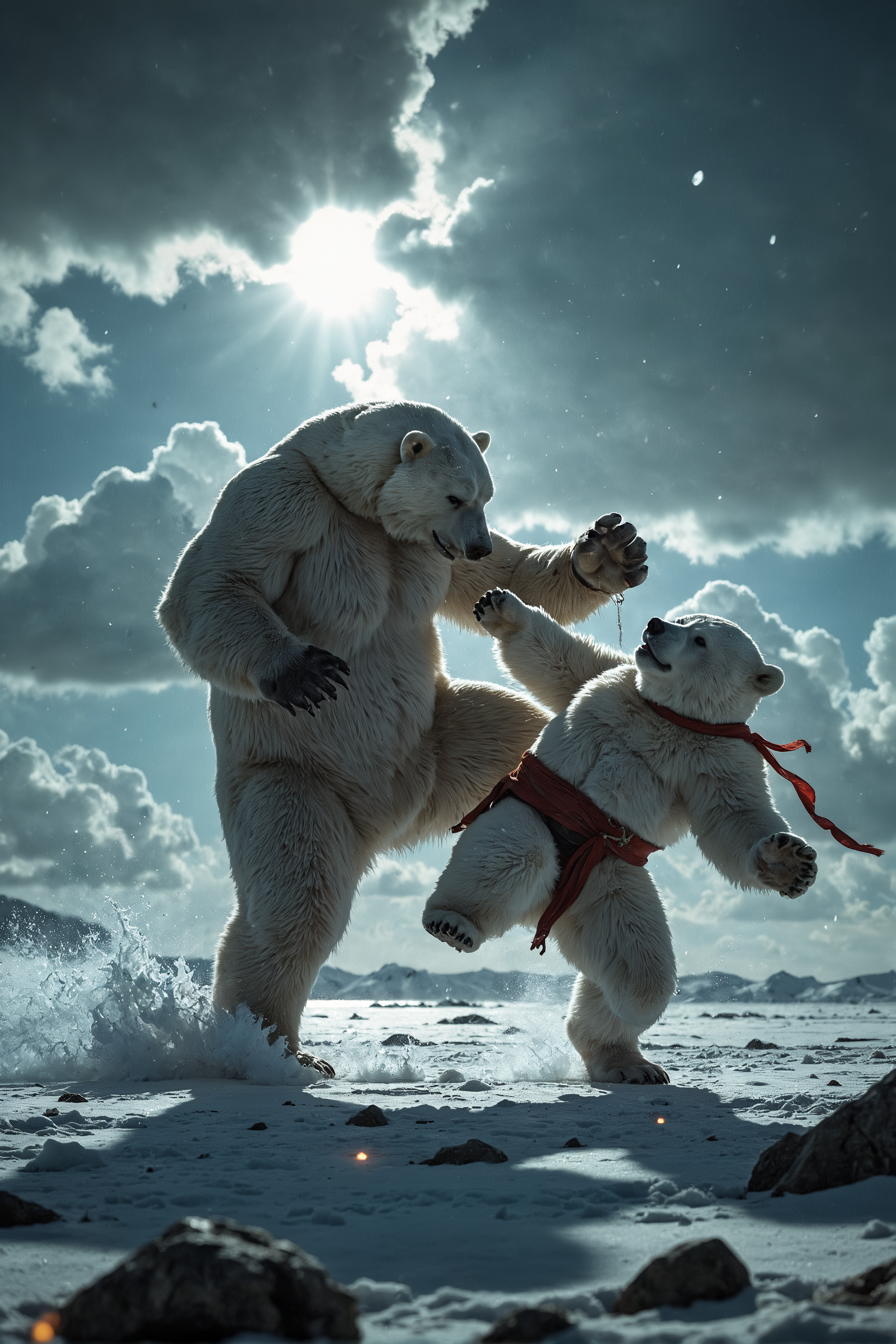 cinematic film still fighting a polar bear,flying_kick,A Fat man, . shallow depth of field, vignette, highly detailed, high budget, bokeh, cinemascope, moody, epic, gorgeous, film grain, grainy