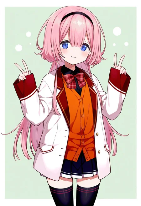 best quality,masterpiece,score_9,score_8_up,source_anime,1girl,solo,(nijisango,flat chest,blue eyes,pink hair,long hair,bangs,hair between eyes,low tied hair,bubble hair,black hairband,nijisangocos,black shirt,collared shirt,long sleeves,plaid bowtie,red bowtie,black skirt,miniskirt,pleated skirt,black thighhighs,orange cardigan,white jacket,open jacket,sleeves past wrists,<lora:niji-sango-v1.0:1>,)looking at viewer,cowboy shot,smile,double v,