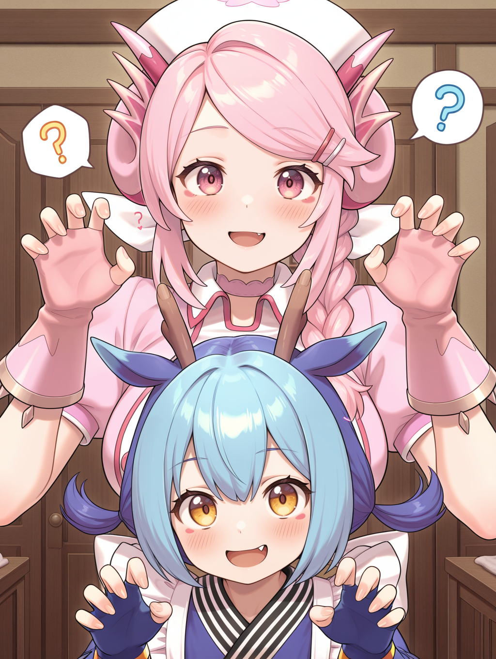 2girls,open mouth,fang,heart,?,looking at viewer,blush,smile,upper body,hairclip,sidelocks,hands up,spoken question mark,nurse dragonmaid,white nurse cap,pink fingerless gloves,pink nurse dress,claw pose,laundry dragonmaid,blue fingerless gloves,blue maid outfit,red eye tattoo,indoors,
masterpiece,best quality,amazing quality,very aesthetic,absurdres,newest,<lora:Nurse dragonmaid illuXL v1.1:0.74>,
