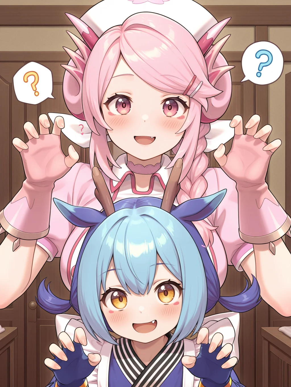 2girls,open mouth,fang,heart,?,looking at viewer,blush,smile,upper body,hairclip,sidelocks,hands up,spoken question mark,nurse dragonmaid,white nurse cap,pink fingerless gloves,pink nurse dress,claw pose,laundry dragonmaid,blue fingerless gloves,blue maid outfit,red eye tattoo,indoors,
masterpiece,best quality,amazing quality,very aesthetic,absurdres,newest,<lora:Nurse dragonmaid illuXL v1.1:0.74>,