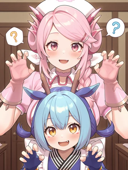 2girls,open mouth,fang,heart,?,looking at viewer,blush,smile,upper body,hairclip,sidelocks,hands up,spoken question mark,nurse dragonmaid,white nurse cap,pink fingerless gloves,pink nurse dress,claw pose,laundry dragonmaid,blue fingerless gloves,blue maid outfit,red eye tattoo,indoors,
masterpiece,best quality,amazing quality,very aesthetic,absurdres,newest,<lora:Nurse dragonmaid illuXL v1.1:0.74>,
