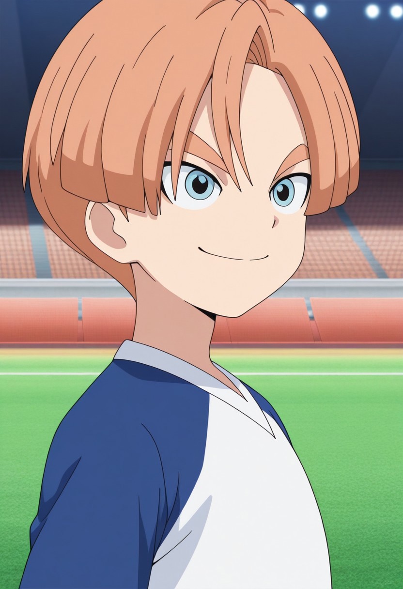 masterpiece,best quality,amazing quality, source_anime,
malikkuabel, 1boy, male focus, solo, blue eyes, orange hair, supaku soccer uniform, shirt, raglan sleeves, short sleeves, multicolored shirt, blue and white shirt, smile, portrait,
outdoor, stadium, grass,