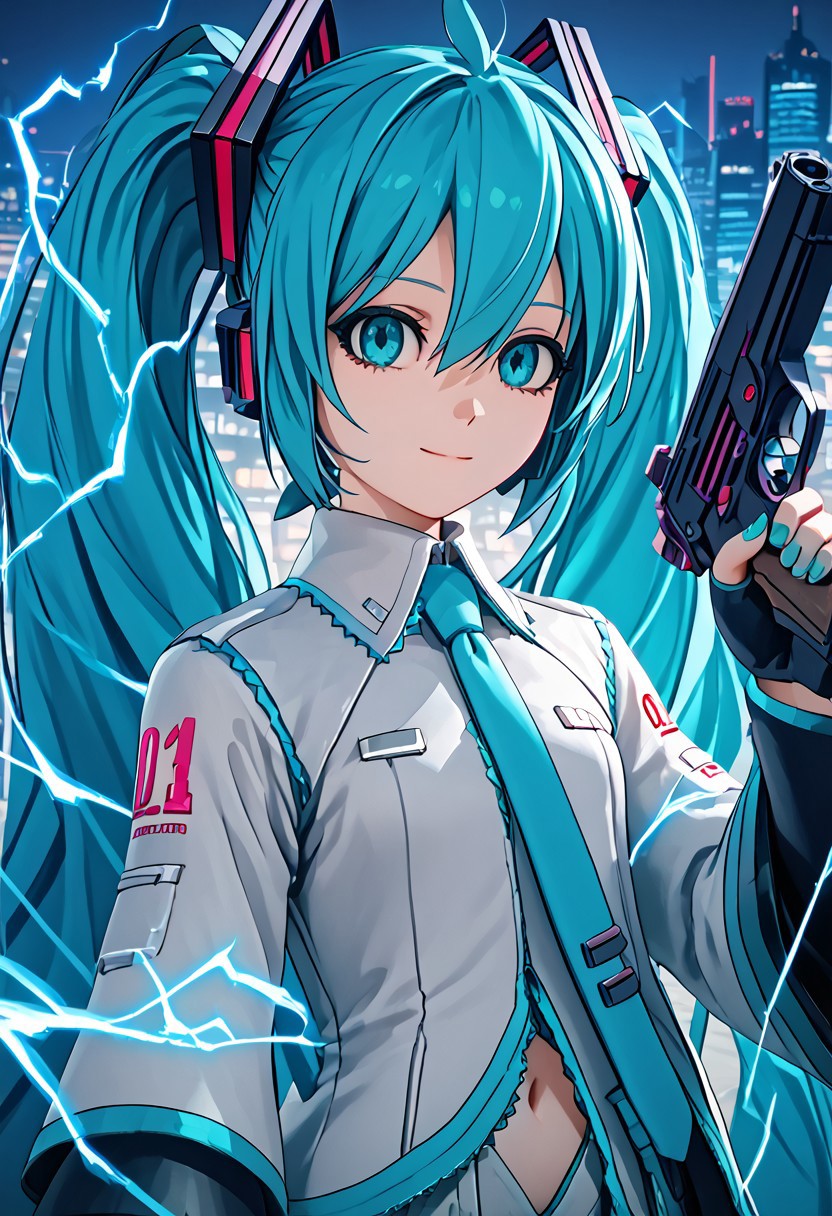 score_4,score_5,score_6,score_7_up,score_8_up,score_9 ((masterpiece,best quality,ultra detailed,highres,HD,4k:1.2)), 
Azure Striker Gunvolt(Main)
1girl, solo,solo forcus,girl forcus,((upper body)),
hatsune miku,absurdly long hair,aqua hair,twintails,hair ornament,sidelocks,hair between eyes,parted bangs, 
coat,long coat,navel,pants,black boots,knee boots,gloves,fingerless gloves,
standing,((black gun,holding gun)),electricity, 
night,city,science fiction, 
smile,