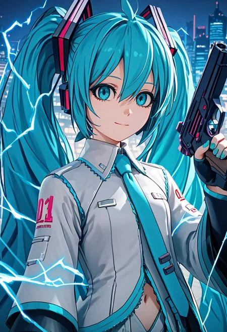 score_4,score_5,score_6,score_7_up,score_8_up,score_9 ((masterpiece,best quality,ultra detailed,highres,HD,4k:1.2)),
Azure Striker Gunvolt(Main)
1girl, solo,solo forcus,girl forcus,((upper body)),
hatsune miku,absurdly long hair,aqua hair,twintails,hair ornament,sidelocks,hair between eyes,parted bangs,
coat,long coat,navel,pants,black boots,knee boots,gloves,fingerless gloves,
standing,((black gun,holding gun)),electricity,
night,city,science fiction,
smile,