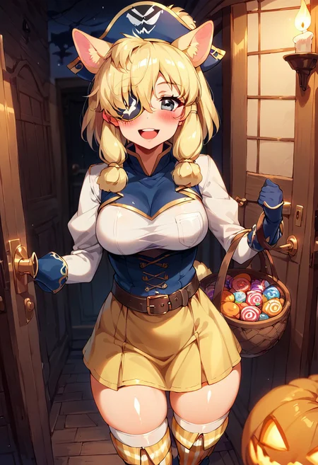 1girl, ((solo)), best quality, ultra-detailed, extremely detailed, perfect anatomy, masterpiece, score_9, score_8_up, score_7_up, Expressiveh, alpaca suri (kemono friends), alpaca ears, hair over one eye, bangs, blonde hair, grey eyes, sidelocks, hair tubes, hair bun, tail, short hair, horizontal pupils, outdoors, neighborhood, trick-or-treating, pumpkins, candles, halloween, trick-or-treater, jack-o-lantern, holding halloween basket, candy basket, front_door, open door, standing at the front door, viewer pov, pirate, light-yellow pirate hat, (pirate hat:1.1), light-yellow pirate outfit, light-yellow blouse, light-yellow skirt with trim, blue trim, light-yellow thighhighs, thighhighs, striped thighhighs, striped gloves, thigh squish, fully clothed, pirate gloves, pirate boots, belt, accessories, white trimmed sleeves, white trim, curvy, medium breasts, blushing, looking at viewer, soft blush, open mouth smile, cute look, closeup, depth-of-field, ears sticking out of hat, thobrine, shiny skin, yellow eyepatch, (eyepatch:1.1), pirate_eyepatch,