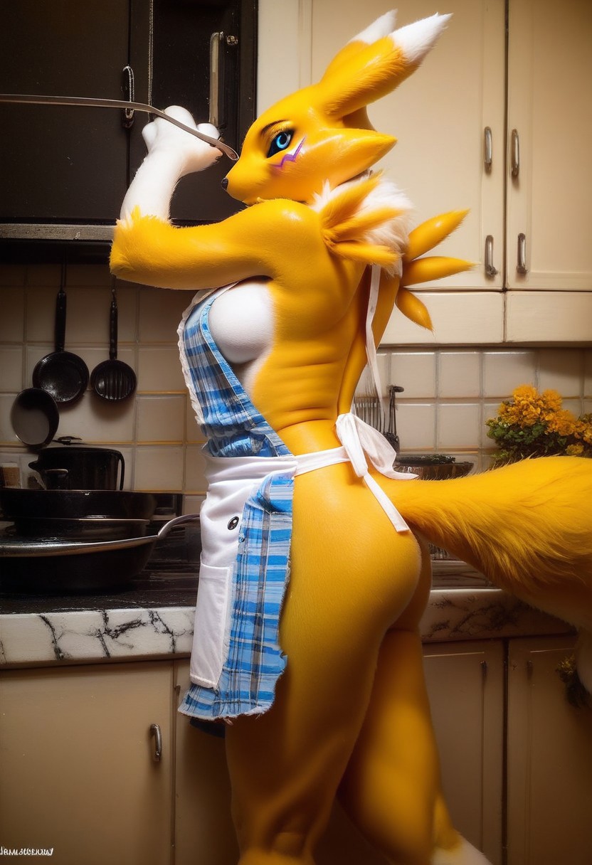 score_9, score_8_up, score_7_up, photo, (score0, sexy pose), anthro, renamon, kitchen, apron only, sideboob, softcore