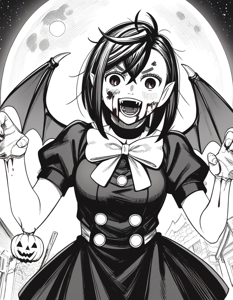 score_9, score_8_up, score_7_up, source_anime, <lora:momo-ayase-manga-ponyxl-lora-nochekaiser:1>, momo ayase, short hair, bangs, thick eyebrows, monochrome, greyscale, medium breasts,, <lora:vampire-ponyxl-lora-nochekaiser:1>, vampire, red eyes, pointy ears, fangs, black dress, wings, blood, blood on face, blood on mouth, bat (animal), halloween, halloween costume, upper teeth only, night, moon, blush, smile, open mouth, , dutch angle, cowboy shot