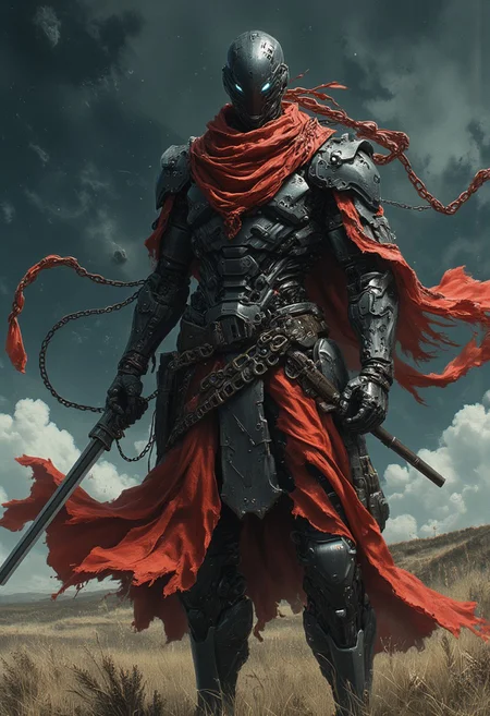 a dark HK-mecha Native American Sioux outlaw cowboy, a lone gunslinger with a single glowing cyclopean eye, standing against a windswept, surreal landscape where black holes swirl faintly in the distance, distorting space itself. His tattered high-collar scarf and flowing cape billow in the void-like air, revealing a body composed entirely of interwoven chains—black and red, twisting and shifting with raw mechanical energy. Beneath the layers of fabric, hydraulic bolts and precise wiring gleam in the dim light, seamlessly integrating high-complexity cybernetic technology into his form.
His hyperdetailed close-up captures an intense, calculating gaze, a warrior whose very existence is a paradox of ancient spirit and futuristic machine. The air crackles with tension as he lunges forward, chains tightening and snapping into shape like sinewy muscles, poised to strike with unstoppable force. The rough yet meticulously detailed sketch style emphasizes his deadly speed, relentless power, and unbreakable will, a ghost of the frontier, reborn in steel and vengeance.