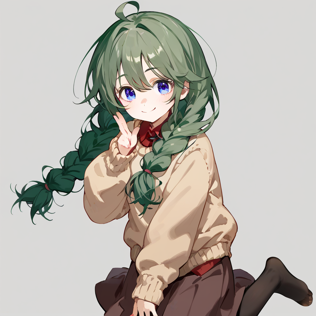 score_9, score_8_up, score_7_up, simple background, light smile, ahoge,
1girl, solo, shingyoji yuni, green hair, blue eyes, twin braids, pantyhose, beige sweater, red shirt, long brown skirt,
<lora:shingyoji_yuni_pony_v1:0.8>