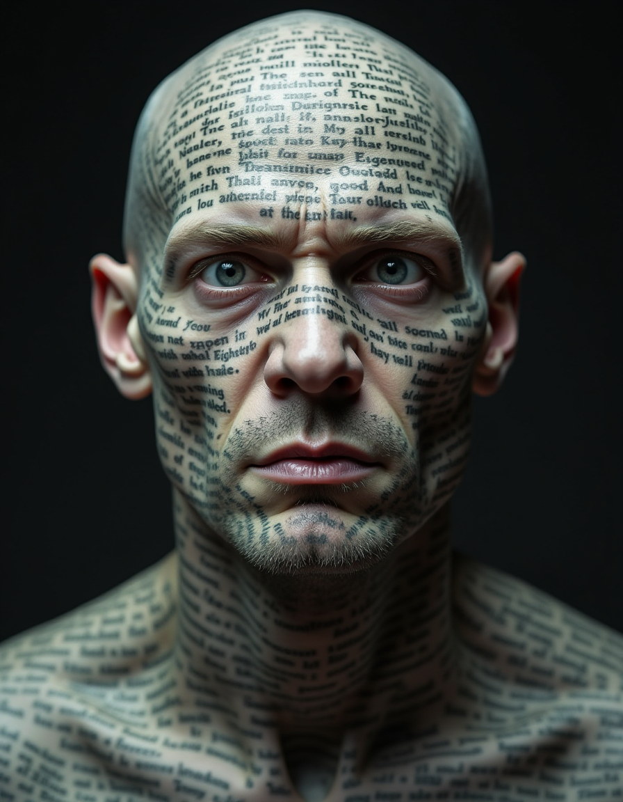 A close-up portrait of a 40-year-old bald man with pale skin and an intense, crazed expression. His entire face, neck, and bald scalp are covered in intricate tattooed lines of biblical scripture. The tattoos are detailed and wrap around his features, creating a striking contrast against his pale skin. The man's wide eyes and unhinged gaze add to the unsettling atmosphere, while the carefully inscribed verses give a haunting, almost surreal, impression of religious obsession.