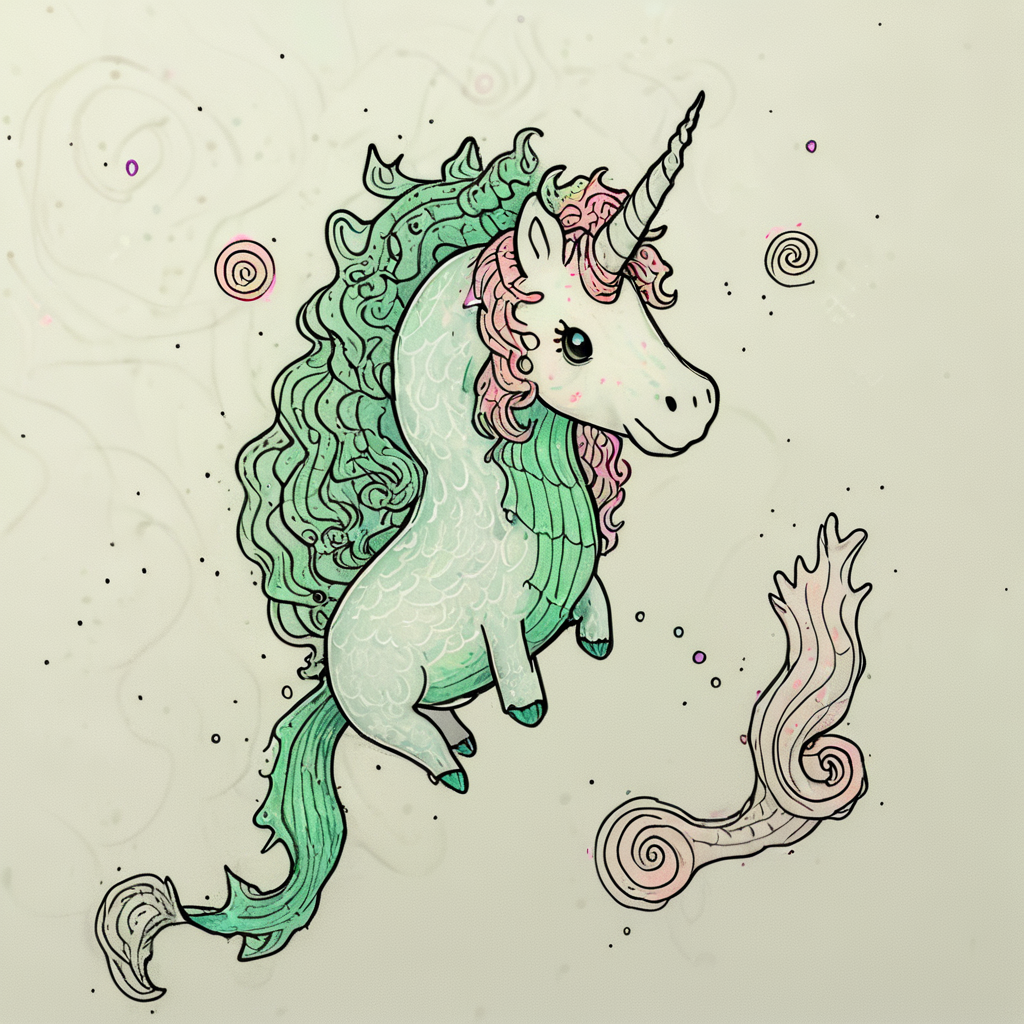 Doodled fantasy creatures, unicorn with squiggly mane, dragon with spiral scales, mermaid with wavy hair, simple shapes, minimal details, white background, colored outlines ArsWorld, Doodle, <lora:ArsMorph_-_World_of_Doodle:1>
