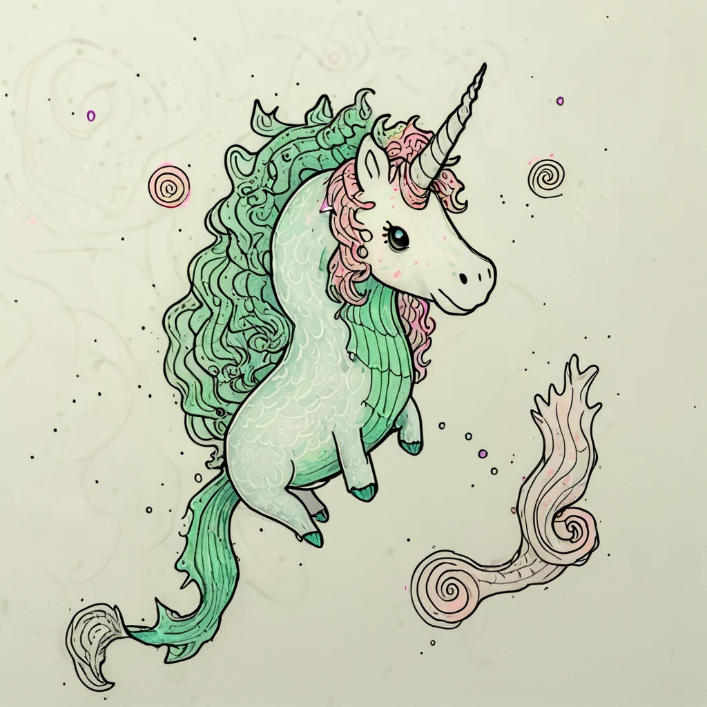 Doodled fantasy creatures, unicorn with squiggly mane, dragon with spiral scales, mermaid with wavy hair, simple shapes, minimal details, white background, colored outlines ArsWorld, Doodle, <lora:ArsMorph_-_World_of_Doodle:1>