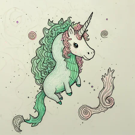 Doodled fantasy creatures, unicorn with squiggly mane, dragon with spiral scales, mermaid with wavy hair, simple shapes, minimal details, white background, colored outlines ArsWorld, Doodle, <lora:ArsMorph_-_World_of_Doodle:1>