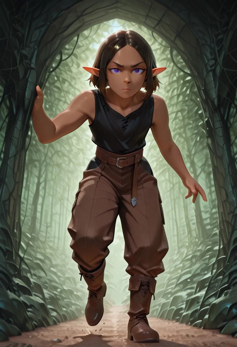 1 Lapanya, solo, Repeta, violet eyes, small nostrils, black sleeveless top, brown pants, brown boots,
Frowning, one foot up, about to step,
low angle, looking at viewer,
Medieval style, Smooth colors, detailed eyes, organic cavern background, clean lines, high quality, best quality, masterpiece, rating: safe,
source: anime,