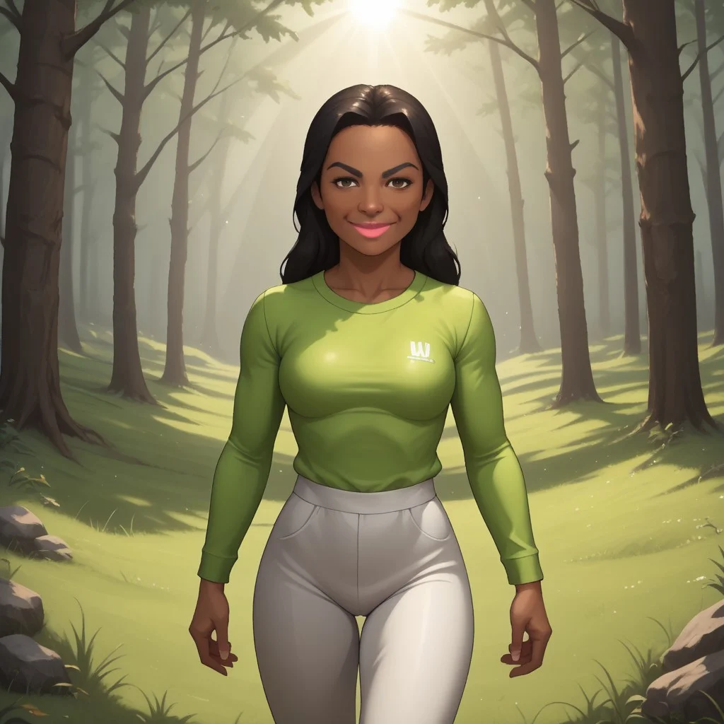 score_9, score_8, BREAK, solo, wii, mii, wii sports, 1girl, female mii, brown eyes, black hair, black eyebrows, pink lips, dark skin, light green clothing, white pants, shoes, nintendo mii, modern_mii, classic_mii, breasts, maria_\(\\wii_sports\\\), sexy pose, smile, outdoors, sunlight, shadows, evening lighting, natural lighting, forest, trees, grass, orange sky, sunset
