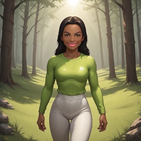 score_9, score_8, BREAK, solo, wii, mii, wii sports, 1girl, female mii, brown eyes, black hair, black eyebrows, pink lips, dark skin, light green clothing, white pants, shoes, nintendo mii, modern_mii, classic_mii, breasts, maria_\(\\wii_sports\\\), sexy pose, smile, outdoors, sunlight, shadows, evening lighting, natural lighting, forest, trees, grass, orange sky, sunset