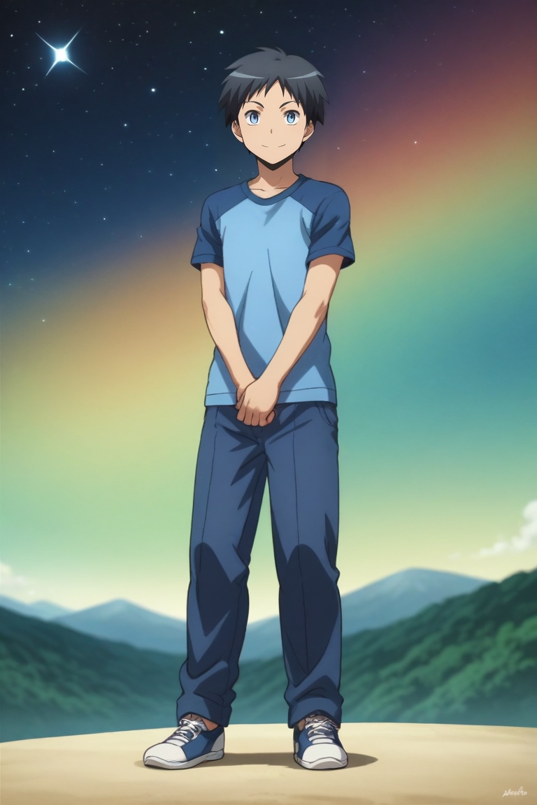 score_9, score_8_up, score_7_up, source_anime, rating_safe, , , , depth of field, 1boy, solo, male focus, <lora:tomohito_sugino_pony:0.9>, tomohito_sugino, black hair, blue eyes, short hair, wide angle, wide shot, full body, space, stars, day, v arms, smile, , <lora:sdxl_lightning_8step_lora:1>