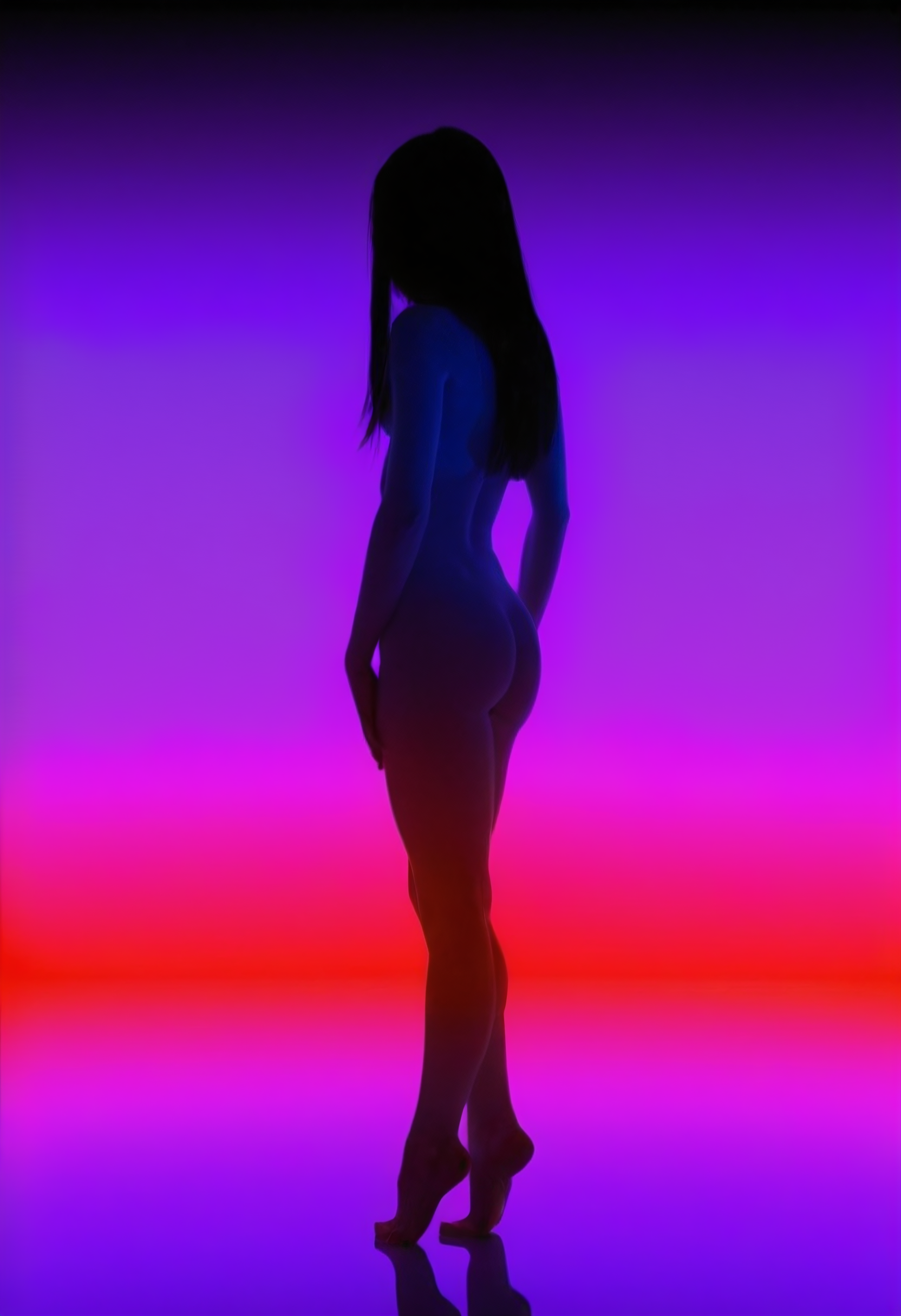 1girl, a full-body female silhouette made entirely of soft glowing gradient light, color fade moving from violet to red inside her shape, background pitch black, editorial surrealism, Canon 85mm depth, very long floating hair, perfect hands, barefoot, feet, toes,