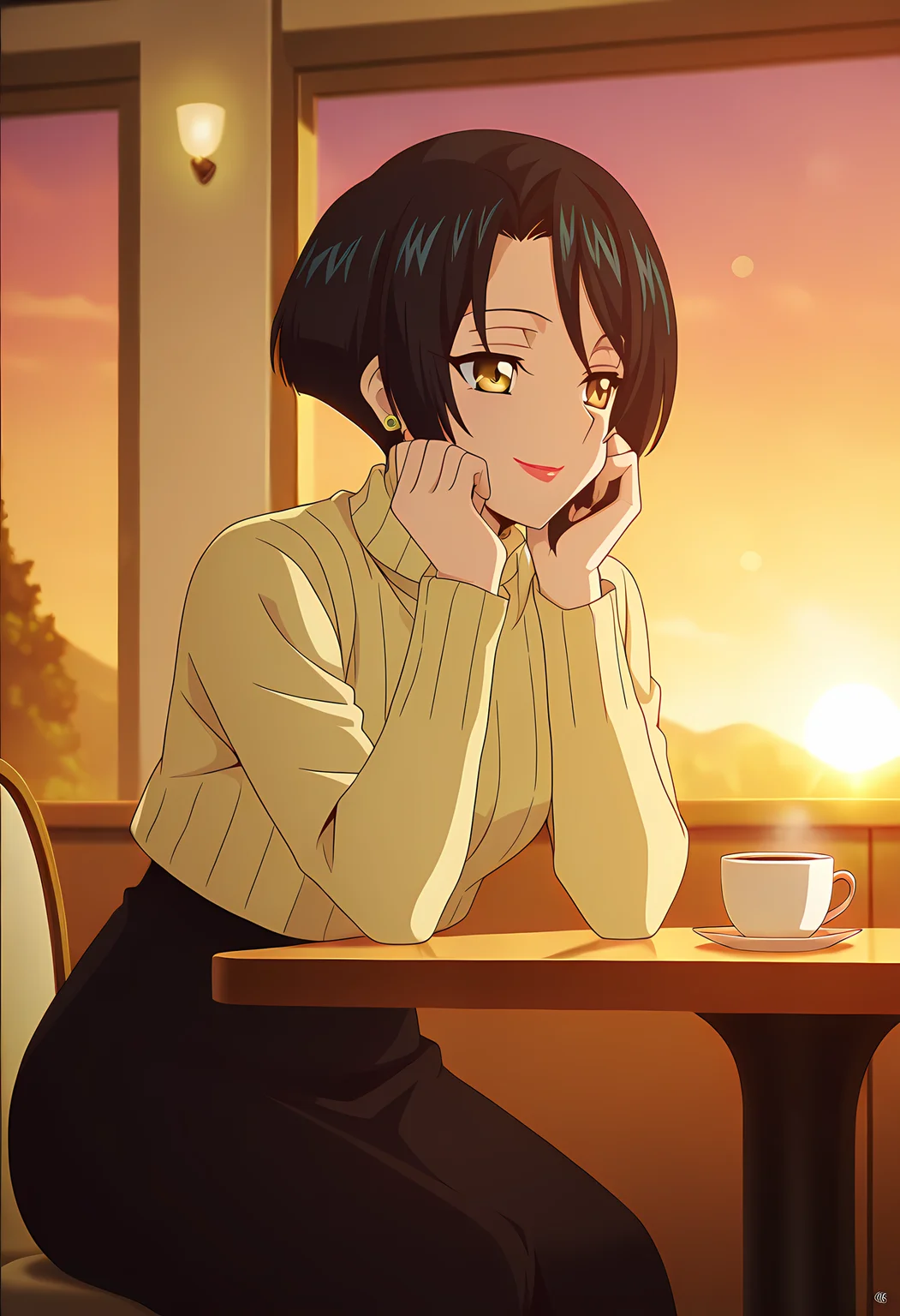 masterpiece,best quality,amazing quality,

1girl, solo,

Soukawa Haruka (Cardfight Vanguard), short hair, black hair, yellow eyes, lipstick, makeup, earrings, jewelry, yellow sweater, turtleneck,  long sleeves, long black skirt,

Smile, hands on table, Hand leaning on cheeks,

cinematic, cup of coffee, 

Sit, sitting, cafe, afternoon, sunset, 

Lens flare, bloom,

Official style, anime screencap, anime coloring,
















