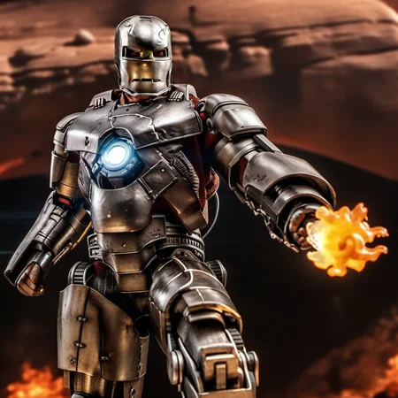 IronManMark1-1024, a robot, +++(full body), flames, desert , detailed eyes, highly detailed , photography, ultra sharp, film, bokeh, professional, 4k <lora:add-detail-xl:1.5> <lora:IronManMark1-1024:0.8>