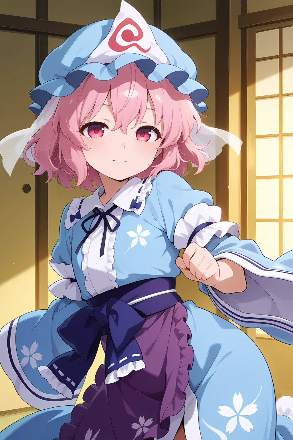 absurdres, highres, masterpiece, best quality, amazing quality, official anime artwork, screencap, anime screencap, indoors, looking at viewer, dynamic pose, light smile,
<lora:Yuyuko-Saigyouji_IllustriousV2:1> saigyouji yuyuko, 1girl, solo, pink eyes, pink hair, short hair, aged down,, saigyouji yuyuko \(tiny ghost mistress\), purple waist apron, mob cap, triangular headpiece, blue kimono, long sleeves, wide sleeves, sash, ribbon, floral print,
