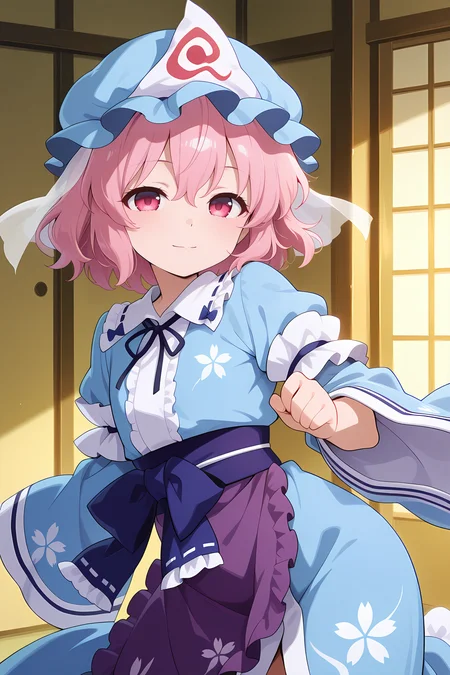 absurdres, highres, masterpiece, best quality, amazing quality, official anime artwork, screencap, anime screencap, indoors, looking at viewer, dynamic pose,  light smile, 
 <lora:Yuyuko-Saigyouji_IllustriousV2:1> saigyouji yuyuko, 1girl, solo, pink eyes, pink hair, short hair, aged down,, saigyouji yuyuko \(tiny ghost mistress\), purple waist apron, mob cap, triangular headpiece, blue kimono, long sleeves,  wide sleeves, sash, ribbon, floral print,
