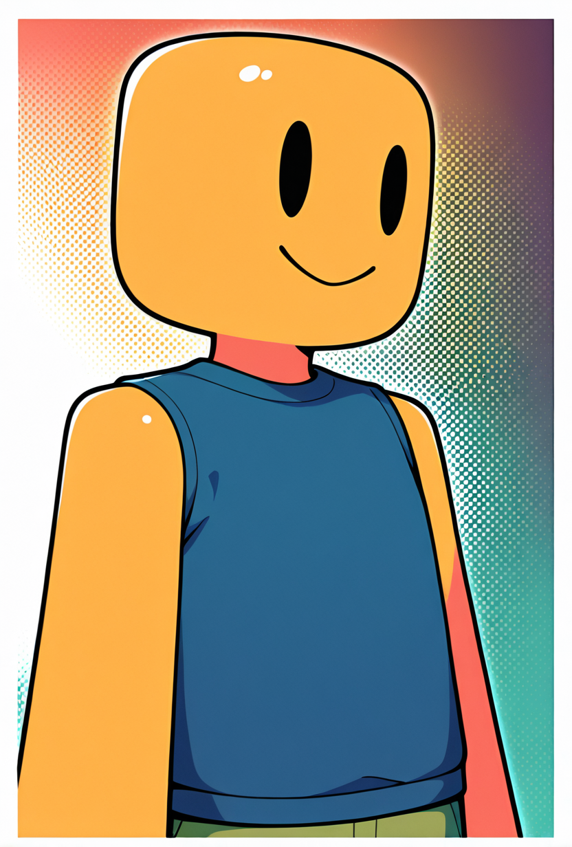 <lora:noob-09:1> noob, solo, smile, colored skin, yellow skin, , closed mouth, blue shirt, green pants, solid oval eyes, sleeveless, ((upper body, halftone effect, white borders, abstract background:1.2,)), masterpiece, best quality, amazing quality, very aesthetic, absurdres, newest,