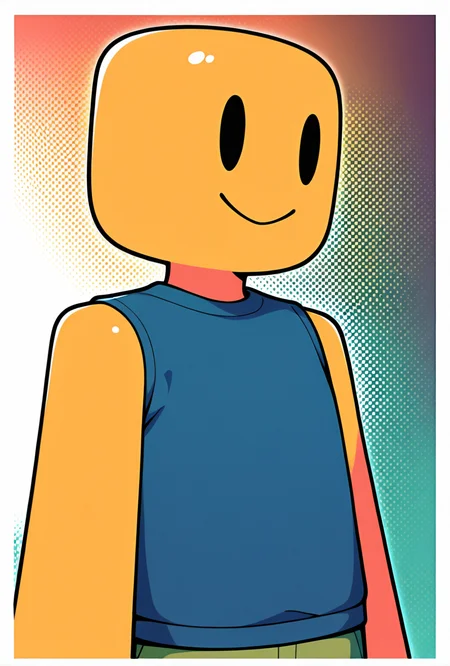 <lora:noob-09:1> noob, solo, smile, colored skin, yellow skin, , closed mouth, blue shirt, green pants, solid oval eyes, sleeveless, ((upper body, halftone effect, white borders, abstract background:1.2,)), masterpiece, best quality, amazing quality, very aesthetic, absurdres, newest,
