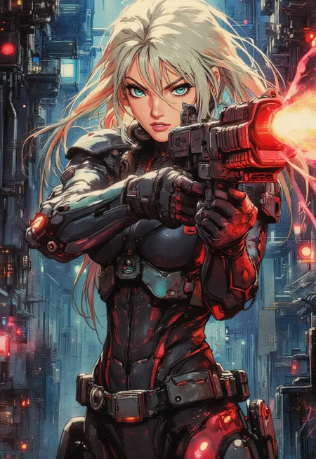 A fierce cyberpunk female warrior with long blonde hair, sharp teal eyes, and a determined expression. She is wearing a high-tech black and red armored suit with glowing red accents and cybernetic enhancements on her arms and headset. The warrior is aiming a futuristic energy weapon. The background features a dark, industrial sci-fi environment filled with metallic pipes, neon lights, and mechanical details, creating a gritty, dystopian atmosphere. The art style is detailed, dynamic, and highly stylized with a strong anime influence, focusing on intense colors and dramatic lighting