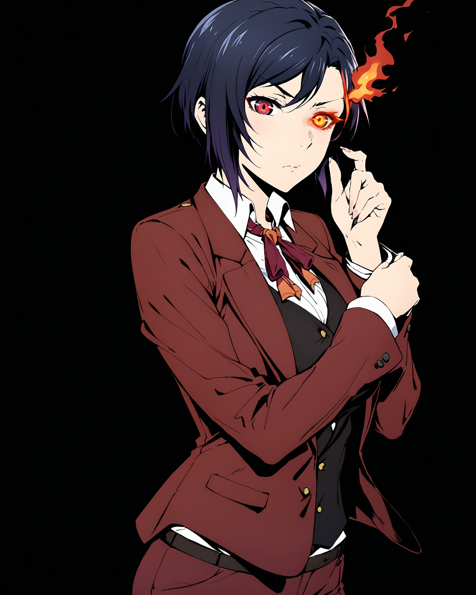 best quality, masterpiece, very authentic, 1girl, solo, bishounen, Furuhashi Suzuna, suzuna's business suit, open jacket, looking at viewer, v-shaped eyebrows, closed mouth, adjusting sleeves, (flaming eye, light trail:1.4), <lora:cytus_v0.9:0.8>, <lora:suzuna-anxl31-000084:0.37>, black background, moody,