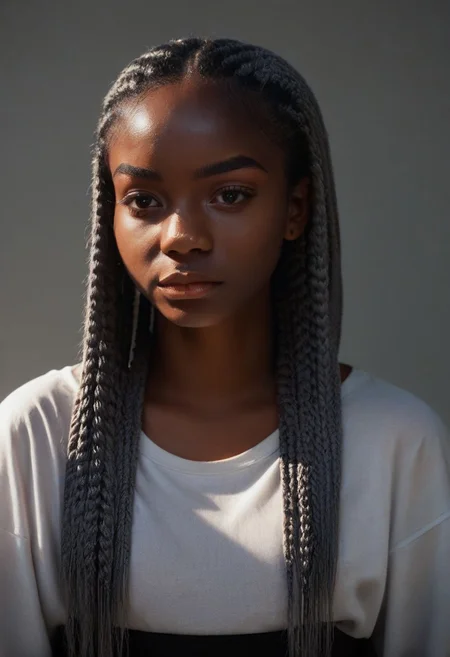 score_9, score_8_up, score_7_up, 1 woman, dark skin, long black2silver box braids, portrait, b0ll4nd, oversized sheer white tshirt, DRKDL, dramatic lighting