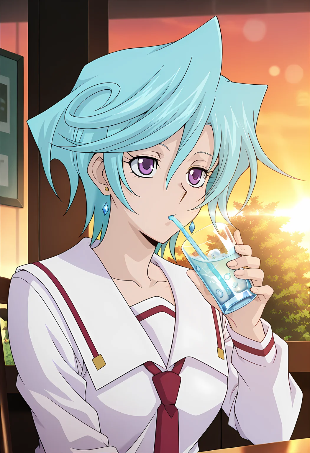 masterpiece,best quality,amazing quality,
1girl, solo, face focus,
Suiko Tatsunagi (Cardfight Vanguard), short hair, blue hair, purple eyes, collarbone, earrings, jewelry, school uniform, serafuku, white sailor collar, necktie, long sleeves, pleated skirt, socks, black footwear, mary janes,
cinematic, upper body, drinking sparkling water,
Sit, sitting, glass, cafe, greenery,
afternoon, sunset,
Lens flare, bloom,
Official style, anime screencap, anime coloring,